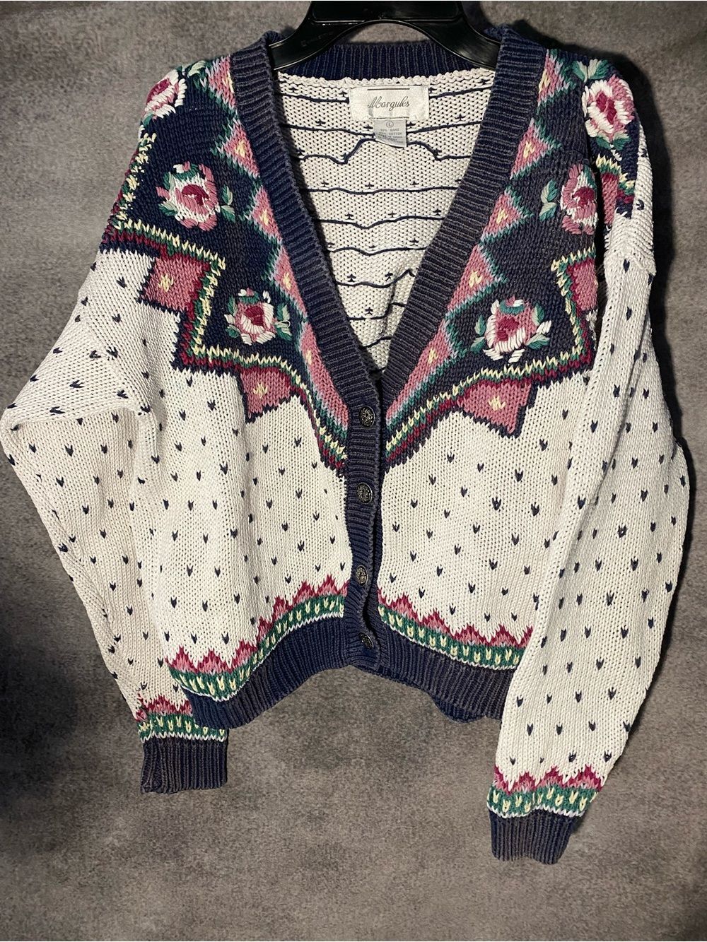 Margaux White Floral Intarsia Cardigan with Navy Trim SZ Large